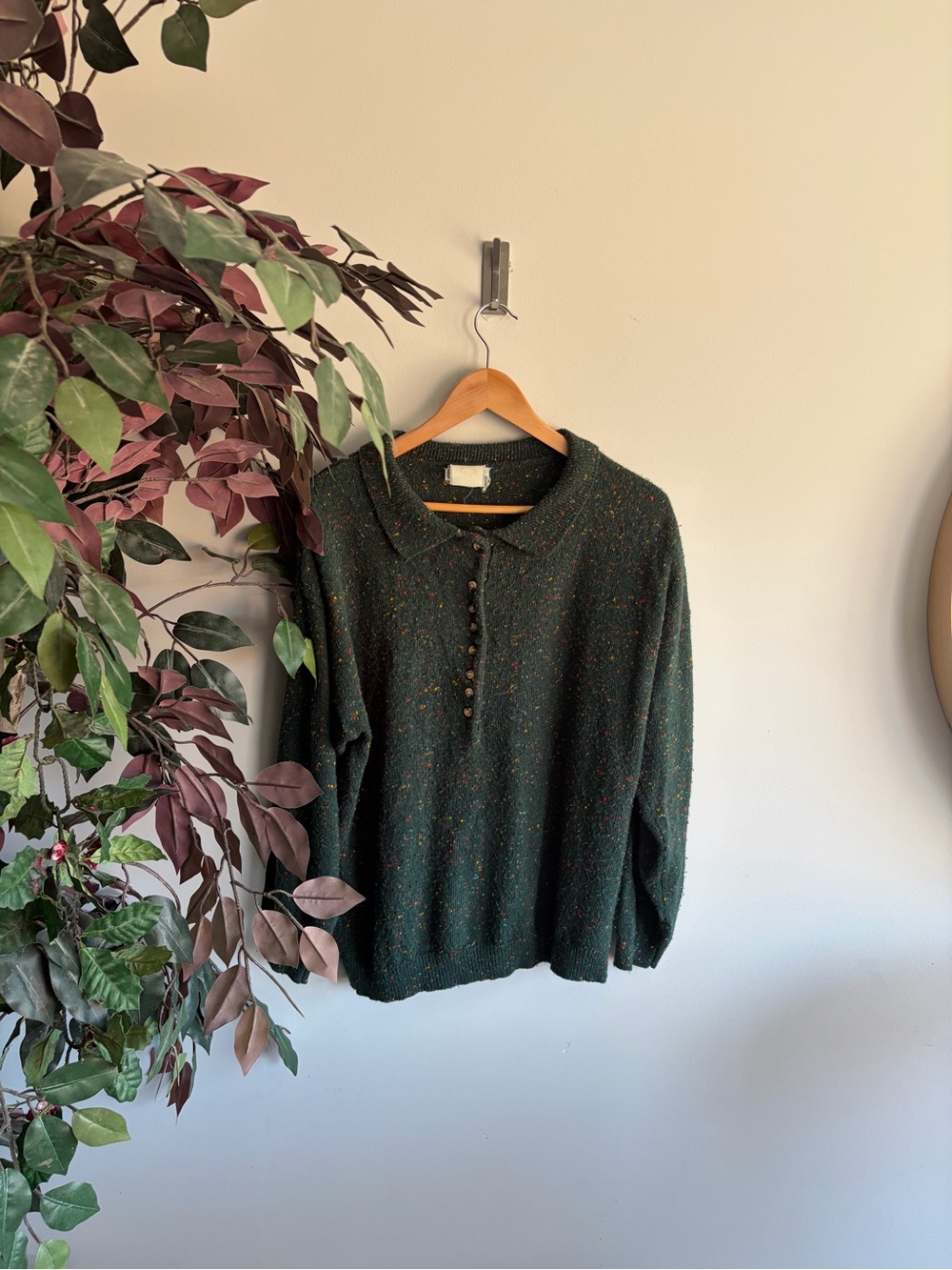 Avenue Dark Green Tweed Button-Up Polo Sweater - Picture 4 of 5